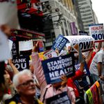 Up to a thousand people attend the health care rally in Times Square
